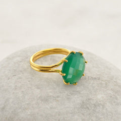 Green Onyx Round Gemstone Ring - 925 Sterling Silver Prong Ring - Gold Plated Handmade Ring - Delicate Ring - Engagement Gift - Gift for Her