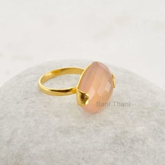 Sterling Silver Ring - Pink Chalcedony Gemstone Prong Ring - Gold Plated Ring for Women - Handmade Jewelry - Bridal Ring - Statement Ring