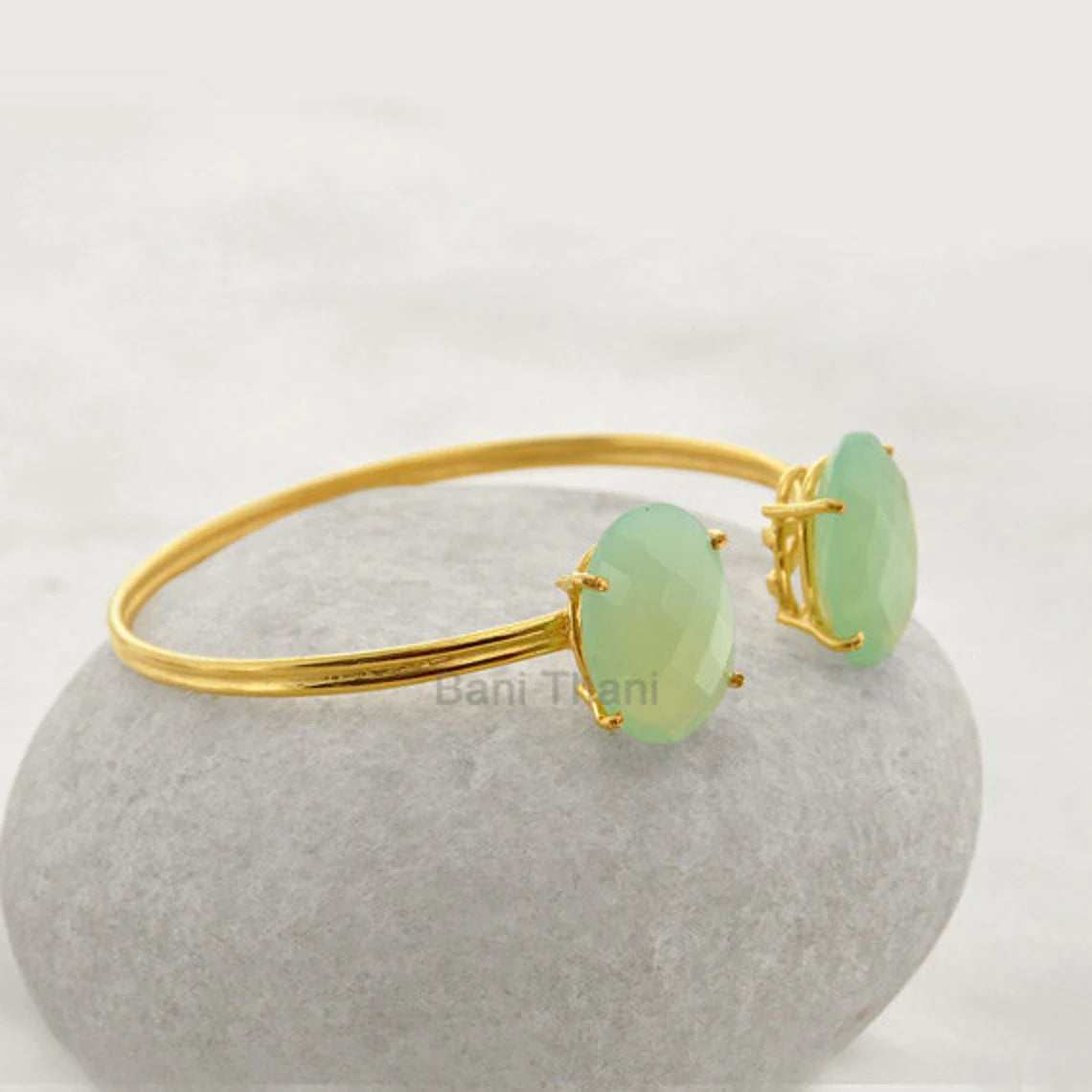 Prong Set Cuff Bracelet-Green Chalcedony 13x18mm Oval Gemstone Bracelet-Micron Gold Plated 925 Sterling Silver Bangle-Birthday Gift Bangle