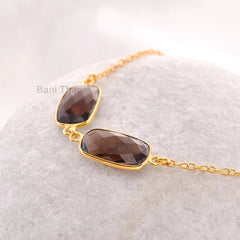 Smoky Quartz 9x16mm Rectangle Gemstone Necklace, Wholesale Bezel Necklace, Gold Plated 925 Sterling Silver Necklace, Wedding Gift Necklace Jewelry