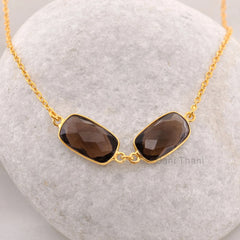 Smoky Quartz 9x16mm Rectangle Gemstone Necklace, Wholesale Bezel Necklace, Gold Plated 925 Sterling Silver Necklace, Wedding Gift Necklace Jewelry