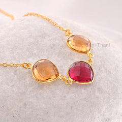 Champagne Quartz And Pink Tourmaline Quartz 12mm Heart Gemstone Necklace, 18k Gold Plated Sterling Silver Necklace, Christmas Gift Necklace