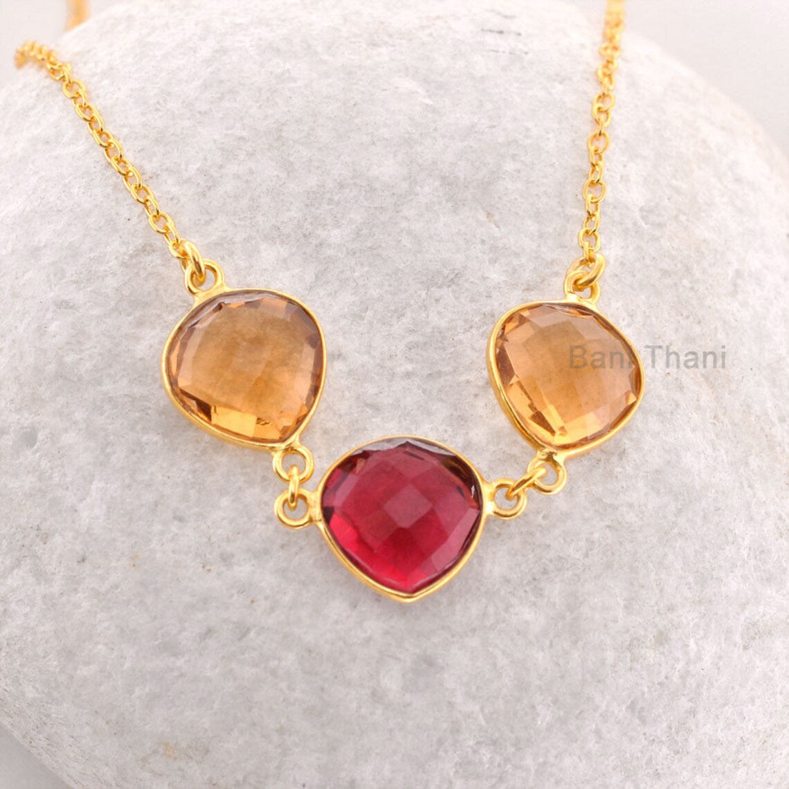 Champagne Quartz And Pink Tourmaline Quartz 12mm Heart Gemstone Necklace, 18k Gold Plated Sterling Silver Necklace, Christmas Gift Necklace