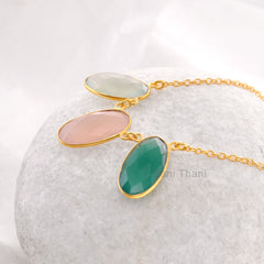 Three Stone Necklace, Aqua, Pink Chalcedony, and Green Onyx Oval Necklace, Gold Plated 925 Sterling Silver Bezel Necklace, 13x18mm