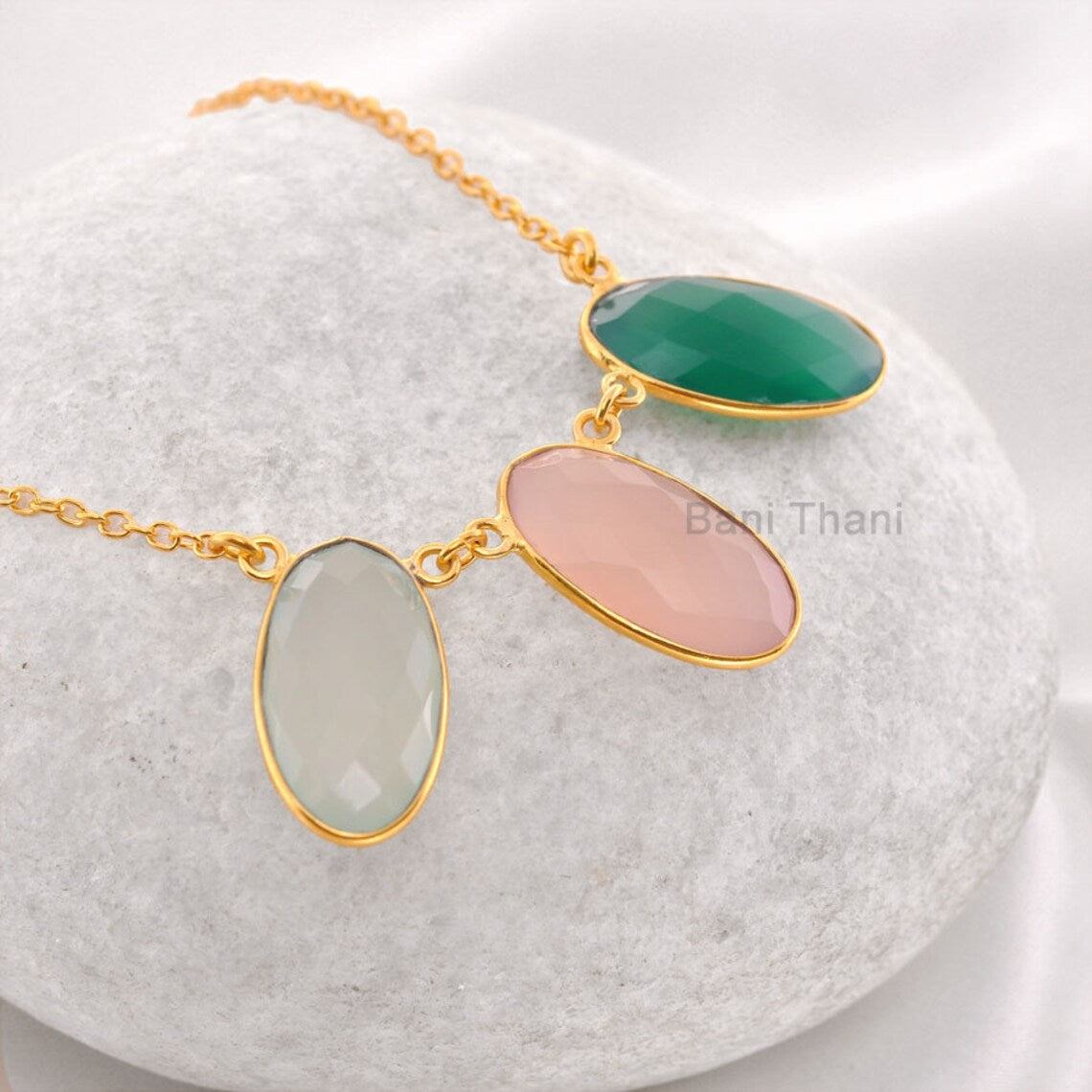 Three Stone Necklace, Aqua, Pink Chalcedony, and Green Onyx Oval Necklace, Gold Plated 925 Sterling Silver Bezel Necklace, 13x18mm