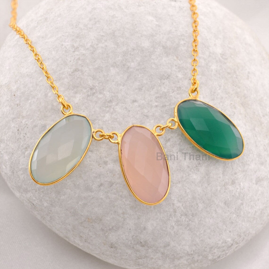 Three Stone Necklace, Aqua, Pink Chalcedony, and Green Onyx Oval Necklace, Gold Plated 925 Sterling Silver Bezel Necklace, 13x18mm