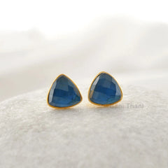 Sapphire Quartz Silver Stud Earrings - Gold Plated 925 Silver Stud Earrings - 9mm Trillion Gemstone Earring - Birthday Gift - Gift for Her