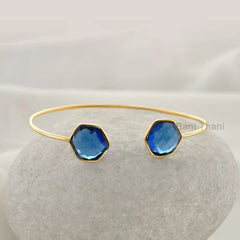 Blue Sapphire Bracelet Micron Gold Plated Quartz Faceted Hexagon 12mm 925 Sterling Silver Bangle, Women Bracelet