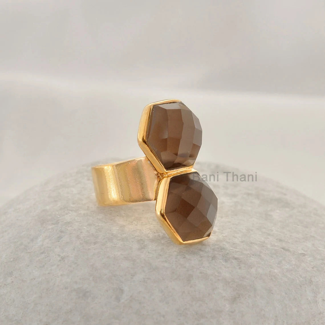 Double Hexagon Gemstone Ring, Smoky Quartz 12mm Gemstone Ring, 18k Gold Plated Sterling Silver Ring, Engagement Gift Ring, Bohemian Rings