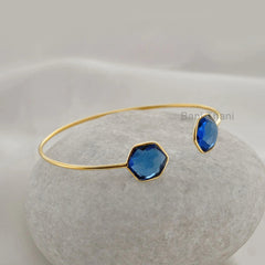 Blue Sapphire Bracelet Micron Gold Plated Quartz Faceted Hexagon 12mm 925 Sterling Silver Bangle, Women Bracelet