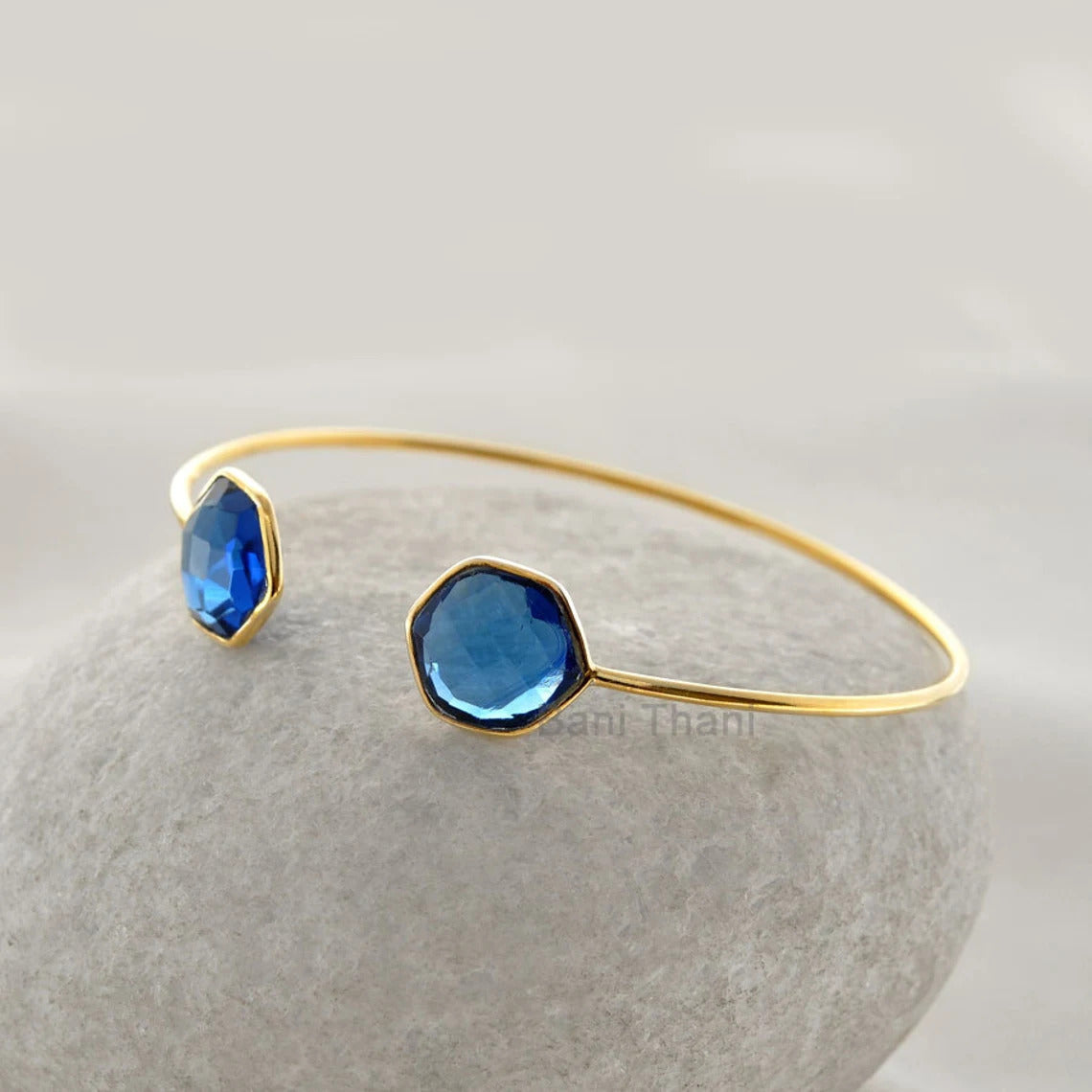 Blue Sapphire Bracelet Micron Gold Plated Quartz Faceted Hexagon 12mm 925 Sterling Silver Bangle, Women Bracelet