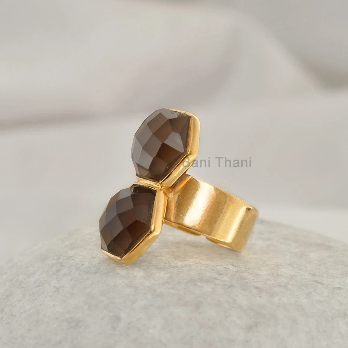 Double Hexagon Gemstone Ring, Smoky Quartz 12mm Gemstone Ring, 18k Gold Plated Sterling Silver Ring, Engagement Gift Ring, Bohemian Rings