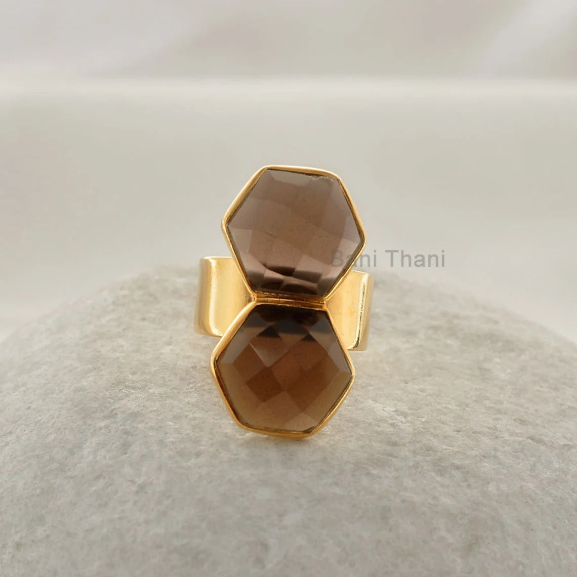 Double Hexagon Gemstone Ring, Smoky Quartz 12mm Gemstone Ring, 18k Gold Plated Sterling Silver Ring, Engagement Gift Ring, Bohemian Rings