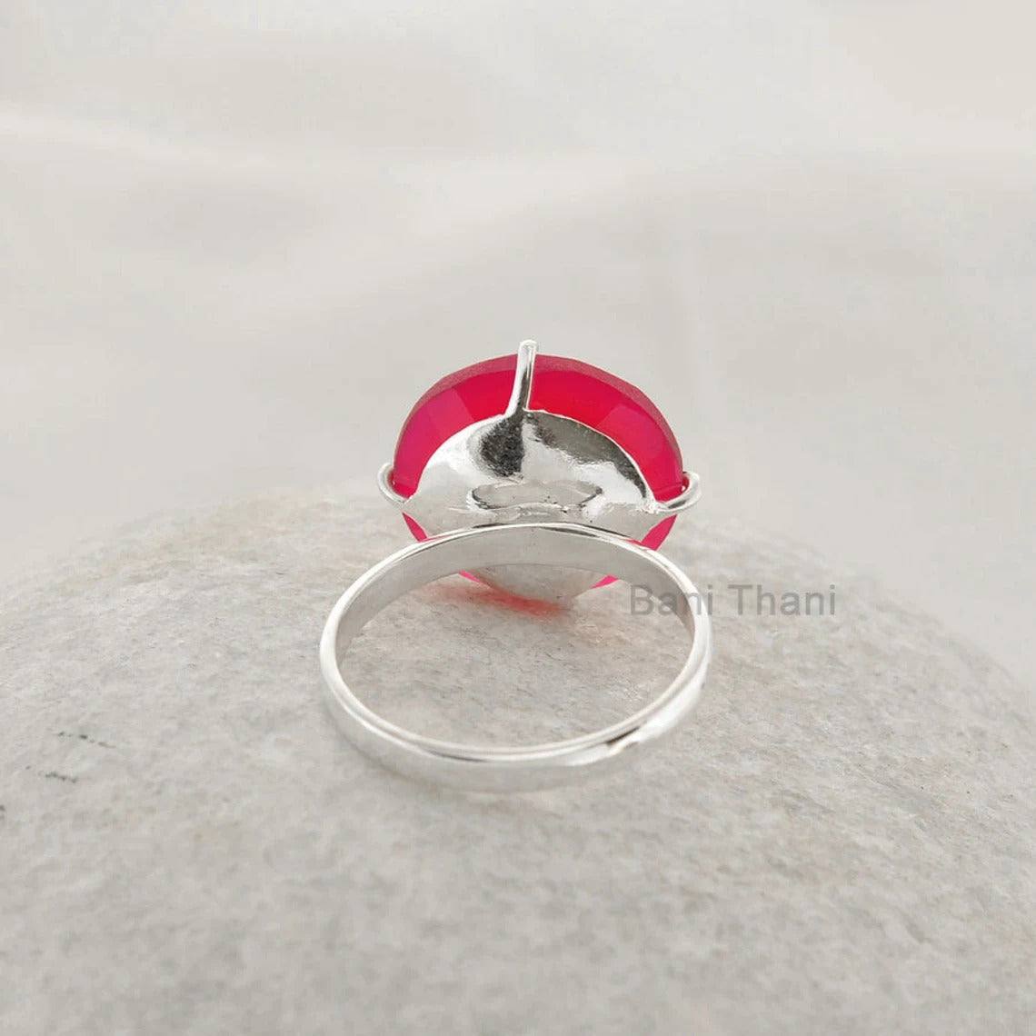 Hot Pink Chalcedony Gemstone Ring - Round 15mm Solid 925 Silver Prong Ring - Jewelry for Women - Christmas Gift Ring for Wife - Gift for Her