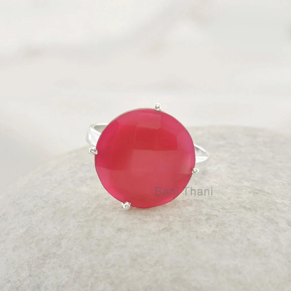 Hot Pink Chalcedony Gemstone Ring - Round 15mm Solid 925 Silver Prong Ring - Jewelry for Women - Christmas Gift Ring for Wife - Gift for Her