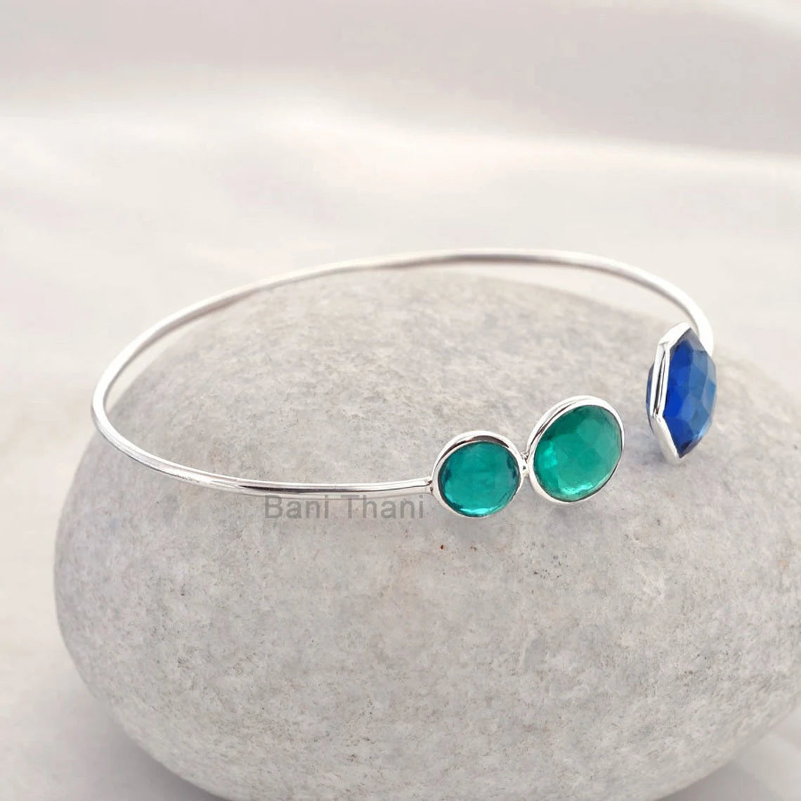 Sapphire Quartz Hexagon and Teal Quartz Round Gemstone Cuff Bangle-925 Sterling Silver Bracelet Jewelry-Christmas Gift Bangle-Gift For Women