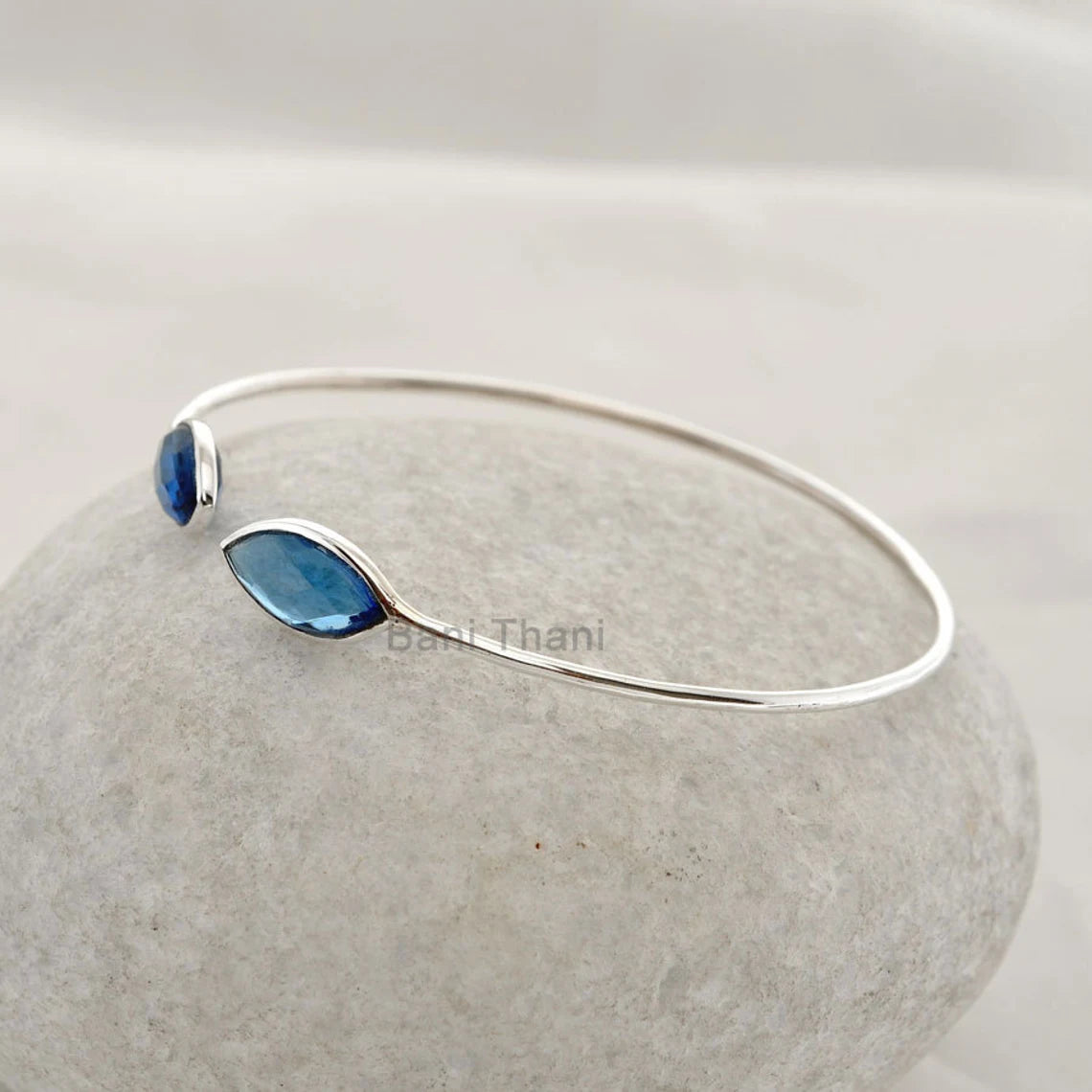 Sapphire Quartz Marquise Bangle - 925 Silver - 7x14mm Marquise - Handmade Bracelet - Dainty Jewelr - Gift For BFF - Jewelry For Graduate