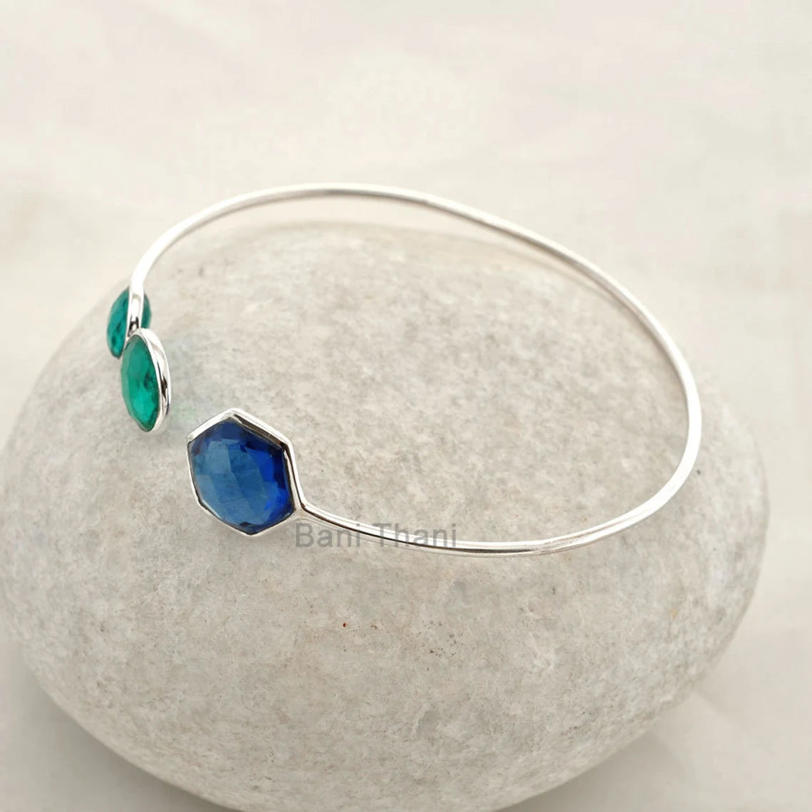 Sapphire Quartz Hexagon and Teal Quartz Round Gemstone Cuff Bangle-925 Sterling Silver Bracelet Jewelry-Christmas Gift Bangle-Gift For Women