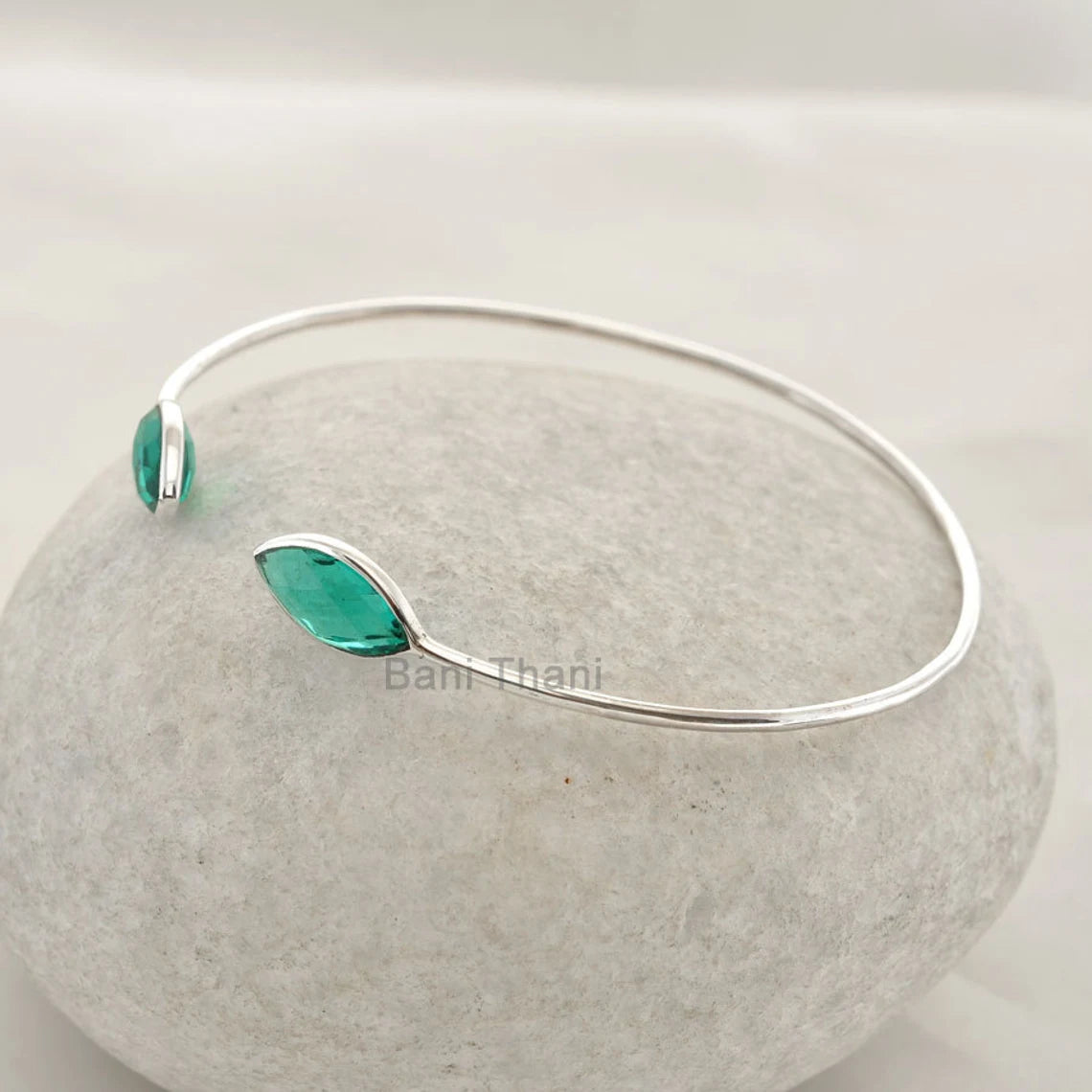 Teal Quartz Bangle - Gemstone Bracelet - 7x14mm Marquise - Sterling Silver - Elegant Jewelry Bangle - Jewelry For Lover - Gift For Student