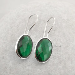 Emerald Quartz Faceted Oval Gemstone Bezel Earrings, 925 Sterling Silver Dangle Earring, 12x16mm Earring For Women, Valentines day Gift