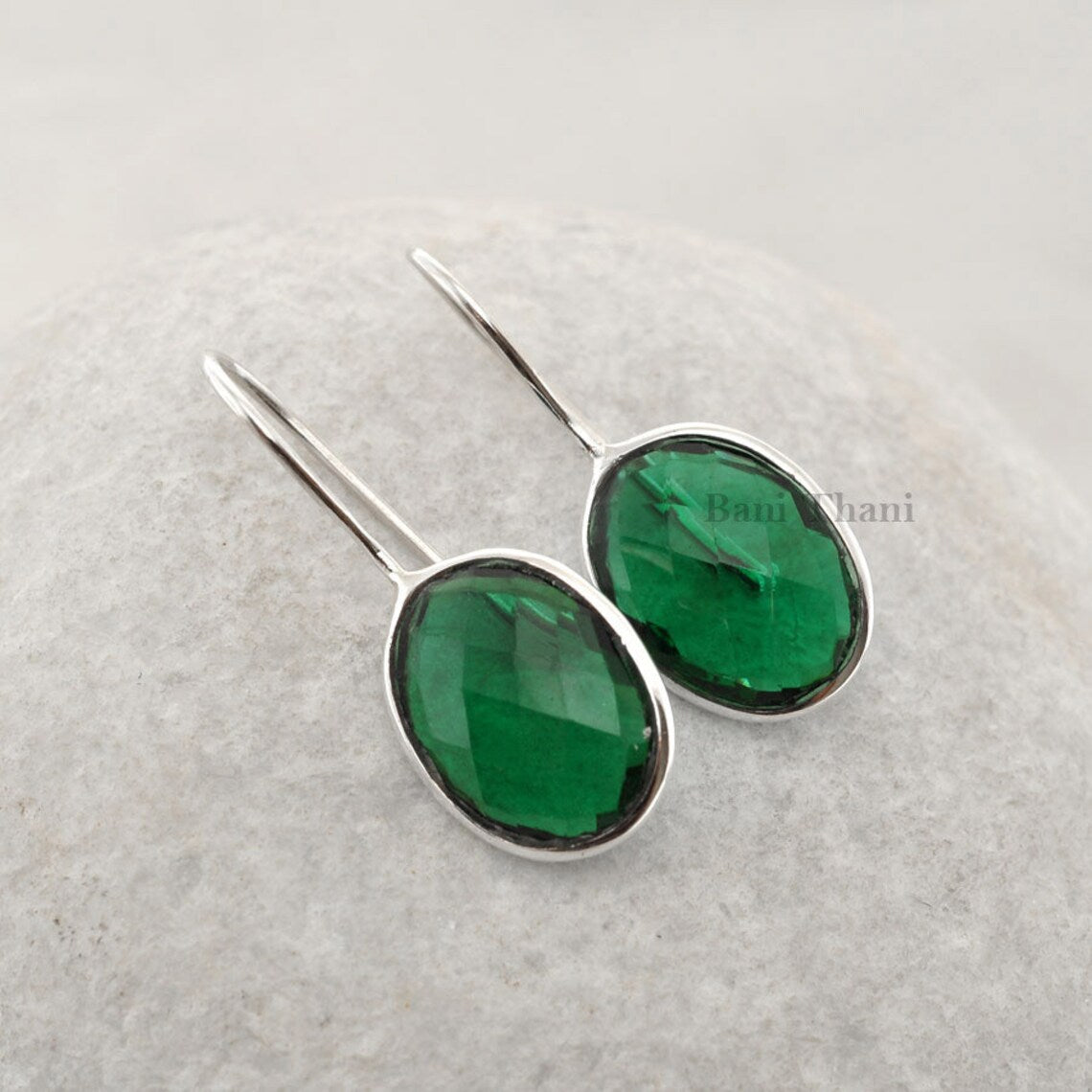 Emerald Quartz Faceted Oval Gemstone Bezel Earrings, 925 Sterling Silver Dangle Earring, 12x16mm Earring For Women, Valentines day Gift