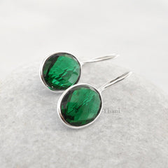 Emerald Quartz Faceted Oval Gemstone Bezel Earrings, 925 Sterling Silver Dangle Earring, 12x16mm Earring For Women, Valentines day Gift