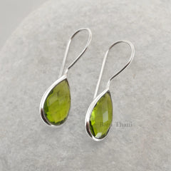 Peridot Quartz 10x15mm Pear Gemstone Earrings, 925 Sterling Silver Bezel Earrings, Drop Earrings, Christmas Gift Earrings, Delicate Earrings