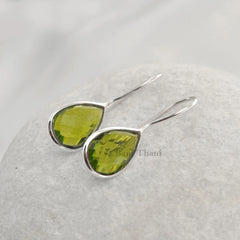 Peridot Quartz 10x15mm Pear Gemstone Earrings, 925 Sterling Silver Bezel Earrings, Drop Earrings, Christmas Gift Earrings, Delicate Earrings