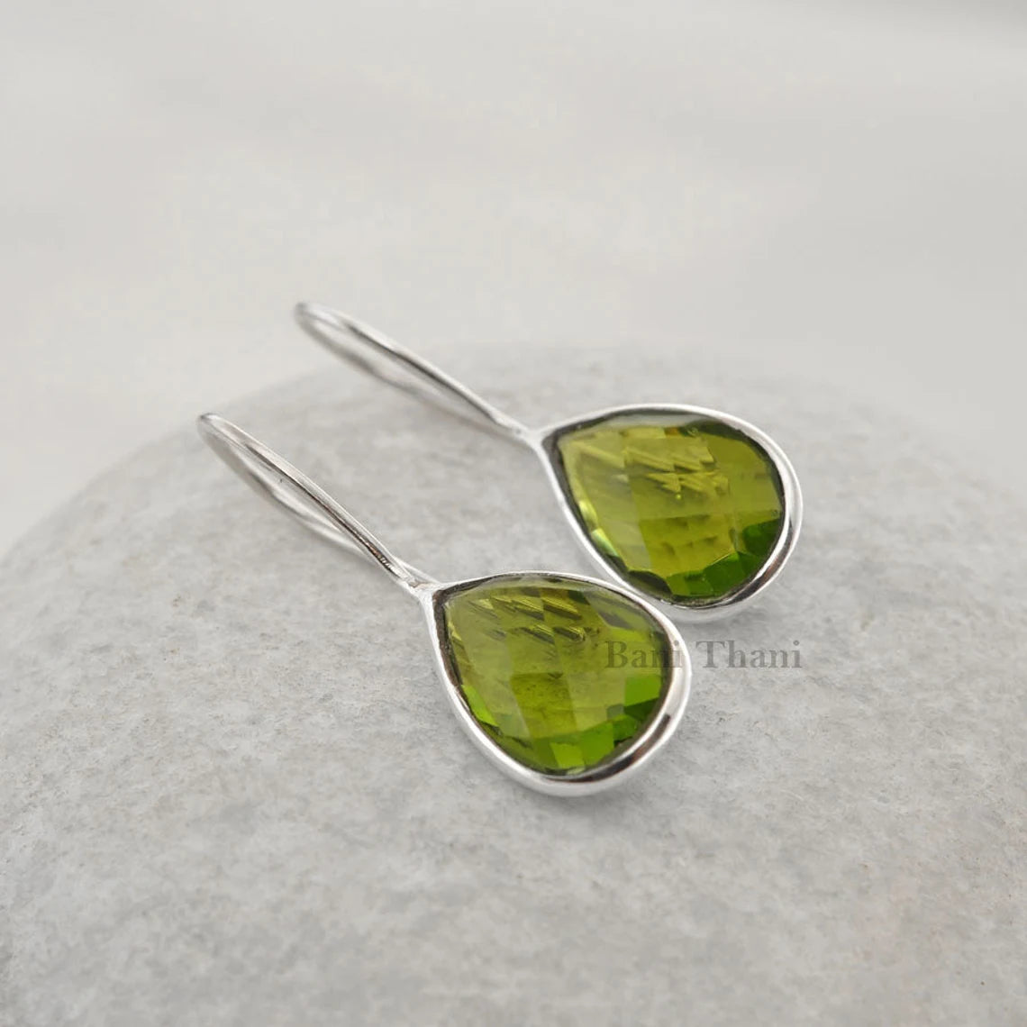 Peridot Quartz 10x15mm Pear Gemstone Earrings, 925 Sterling Silver Bezel Earrings, Drop Earrings, Christmas Gift Earrings, Delicate Earrings