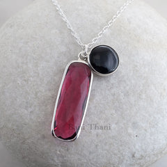 Pink Tourmaline Quartz Long Rounded 11 30mm Rectangle, Black Onyx 11mm Round 925 Sterling Silver Necklace Jewelry