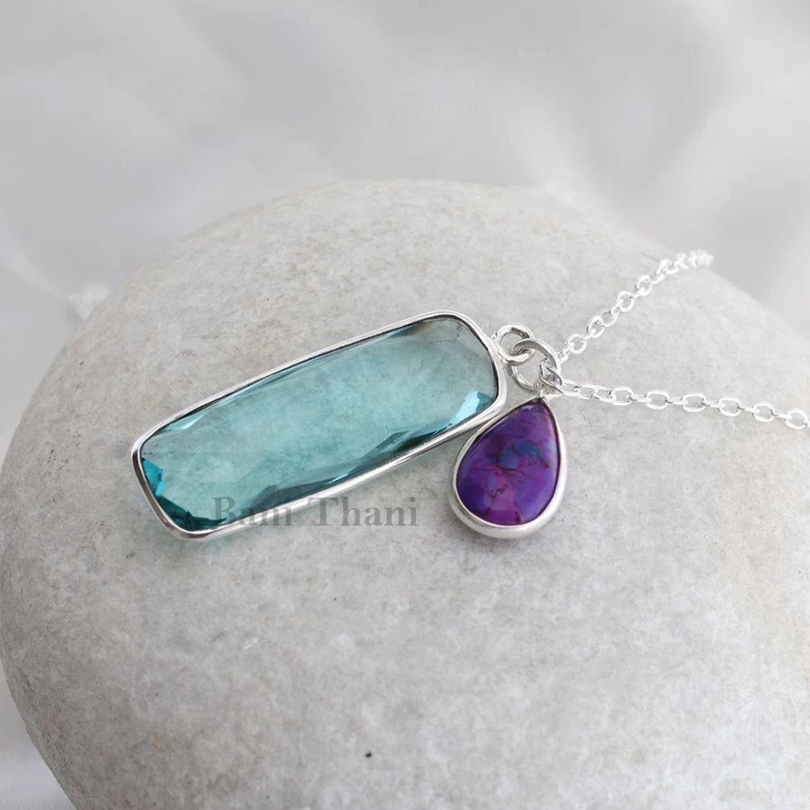 Charms Pendant Necklace Aqua Quartz Long Rounded Rectangle, Purple Turquoise Gemstone 925 Sterling Silver Bezel Jewelry