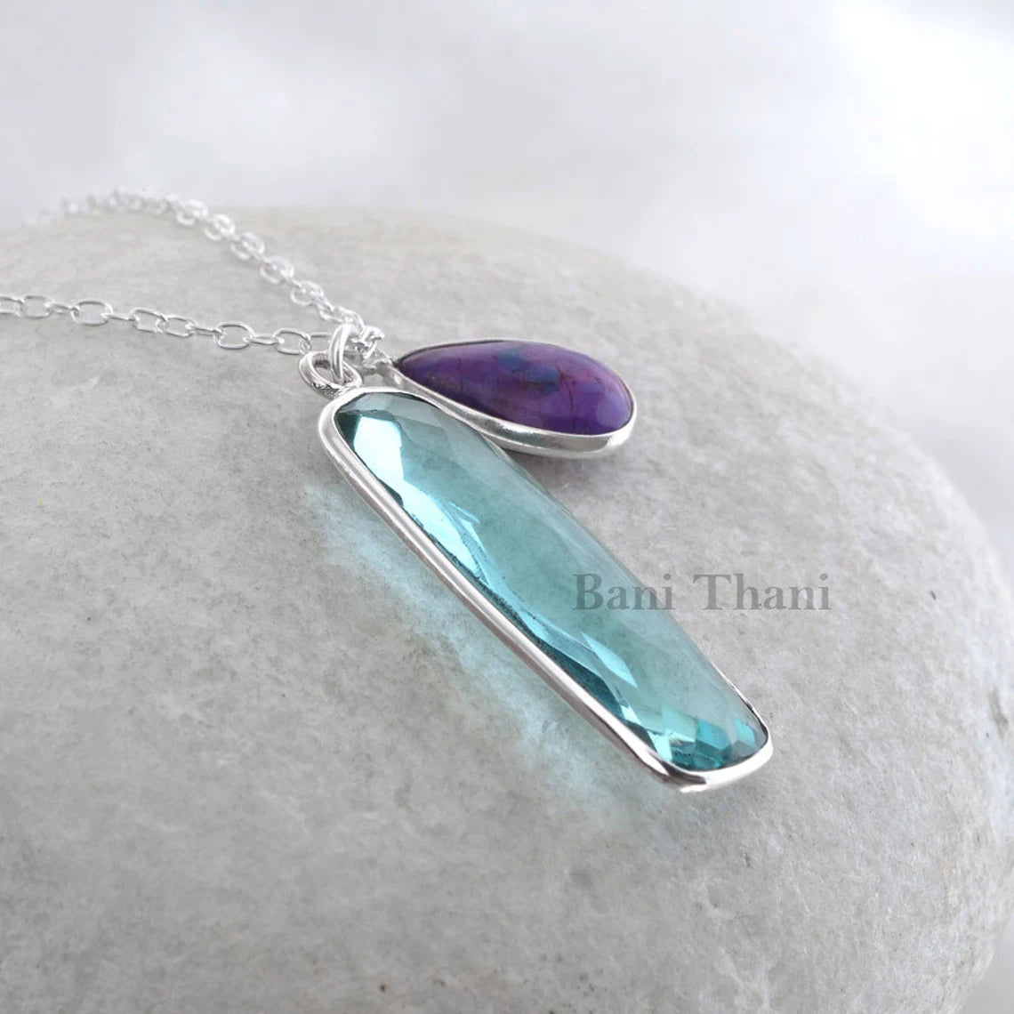 Charms Pendant Necklace Aqua Quartz Long Rounded Rectangle, Purple Turquoise Gemstone 925 Sterling Silver Bezel Jewelry