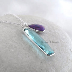 Charms Pendant Necklace Aqua Quartz Long Rounded Rectangle, Purple Turquoise Gemstone 925 Sterling Silver Bezel Jewelry