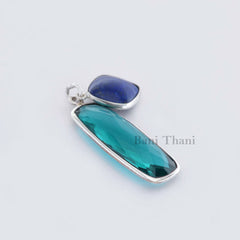 Teal Quartz Long Rounded Rectangle 11x30mm, Lapis Square 12mm Gemstone 925 Sterling Silver Necklace Jewelry