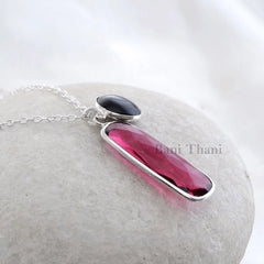 Pink Tourmaline Quartz Long Rounded 11 30mm Rectangle, Black Onyx 11mm Round 925 Sterling Silver Necklace Jewelry