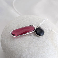 Pink Tourmaline Quartz Long Rounded 11 30mm Rectangle, Black Onyx 11mm Round 925 Sterling Silver Necklace Jewelry