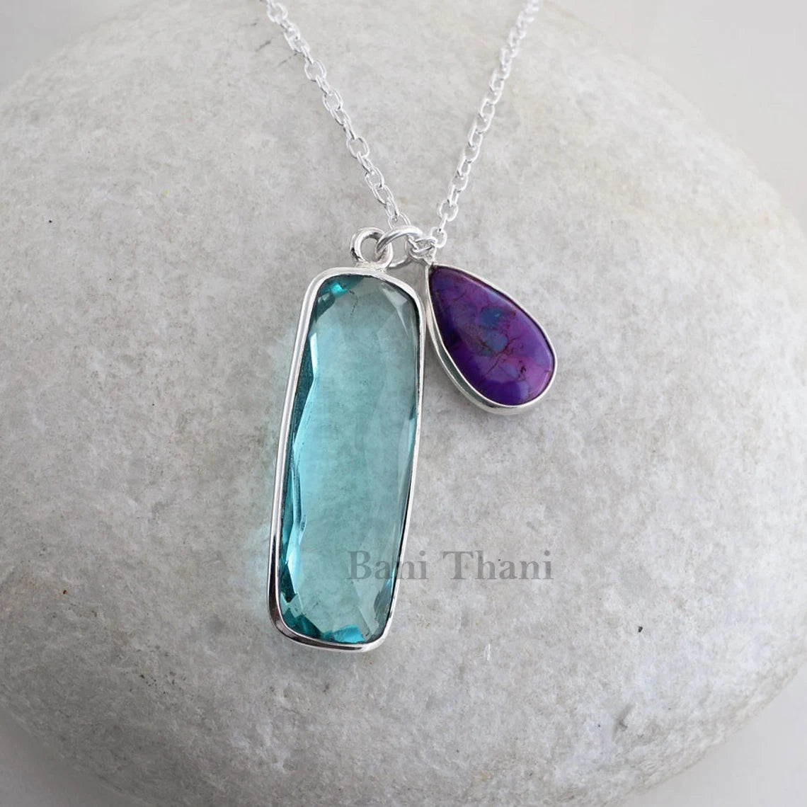 Charms Pendant Necklace Aqua Quartz Long Rounded Rectangle, Purple Turquoise Gemstone 925 Sterling Silver Bezel Jewelry