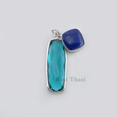 Teal Quartz Long Rounded Rectangle 11x30mm, Lapis Square 12mm Gemstone 925 Sterling Silver Necklace Jewelry