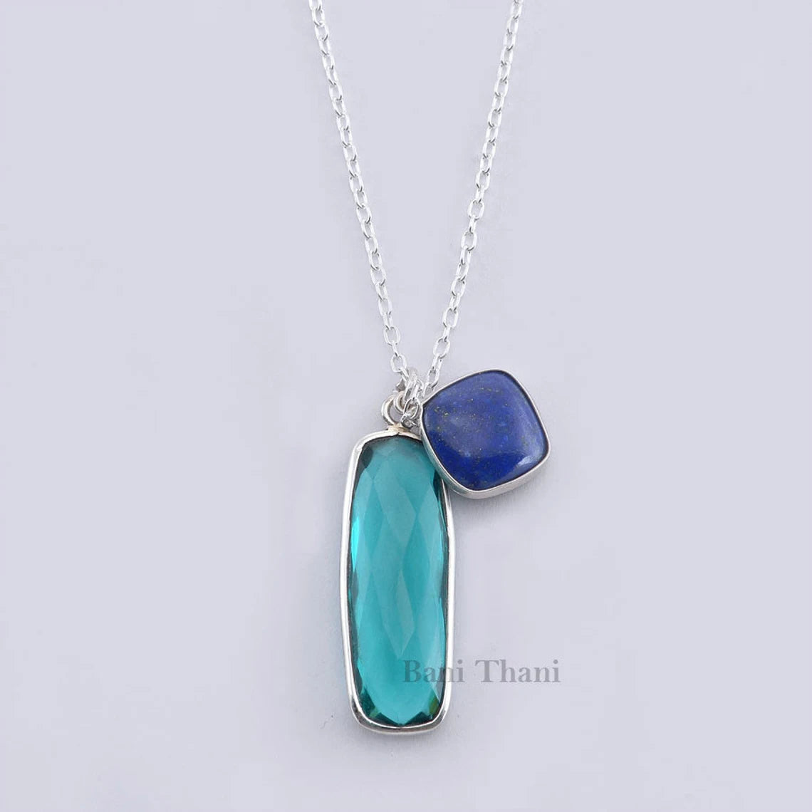 Teal Quartz Long Rounded Rectangle 11x30mm, Lapis Square 12mm Gemstone 925 Sterling Silver Necklace Jewelry