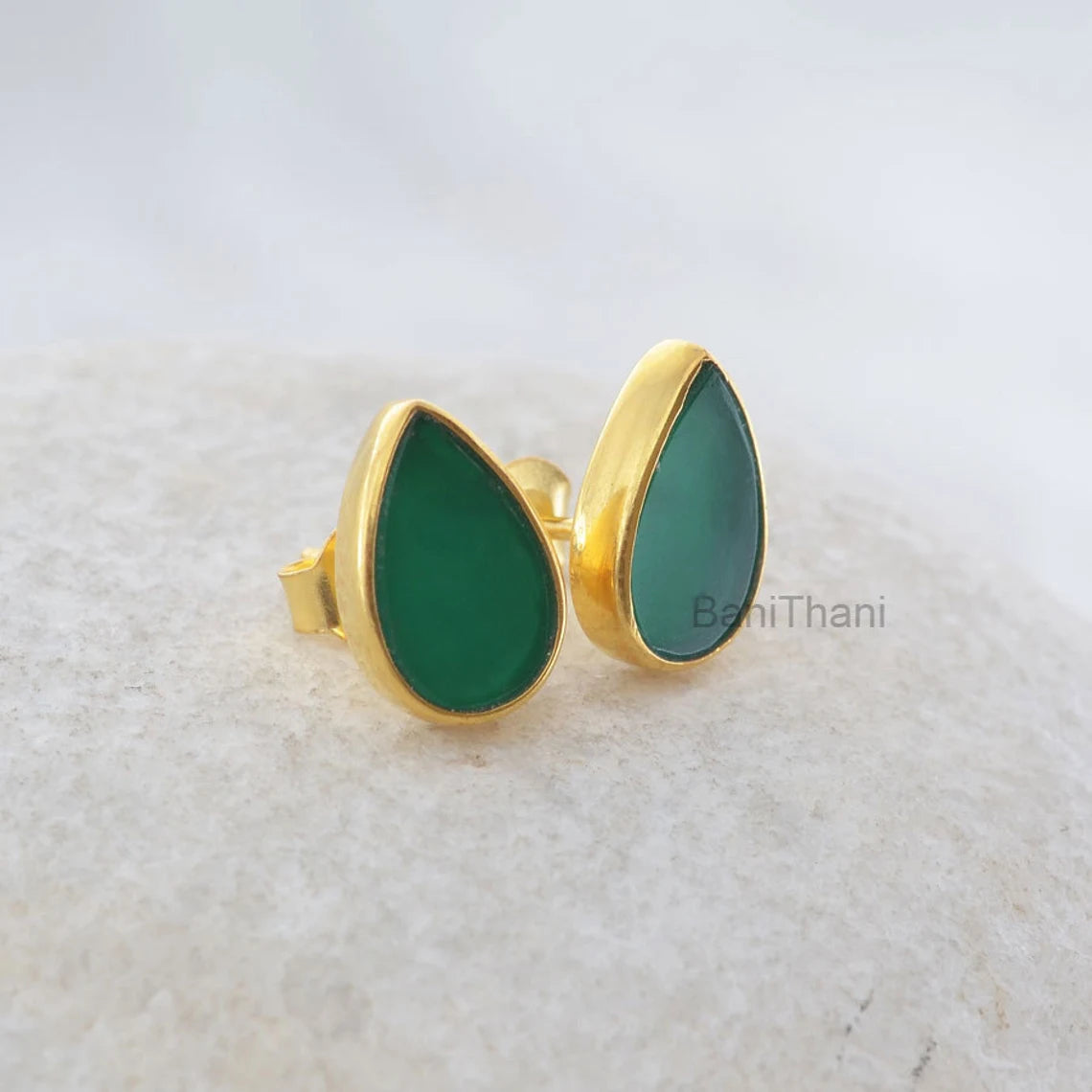 Chrysoprase Chalcedony Pear Flat Stud Earrings-Gold Plated 925 Sterling Silver Stud Earring Jewelry-Christmas Gift-Anniversary Gift Earrings