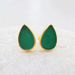 Chrysoprase Chalcedony Pear Flat Stud Earrings-Gold Plated 925 Sterling Silver Stud Earring Jewelry-Christmas Gift-Anniversary Gift Earrings