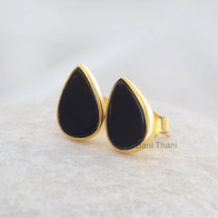 Black Onyx Stud Earrings - Handcrafted Studs - Pure Silver - 7x11m Flat Pear - Artisan Jewelry - Jewelry For New Mom - Gift For Bride