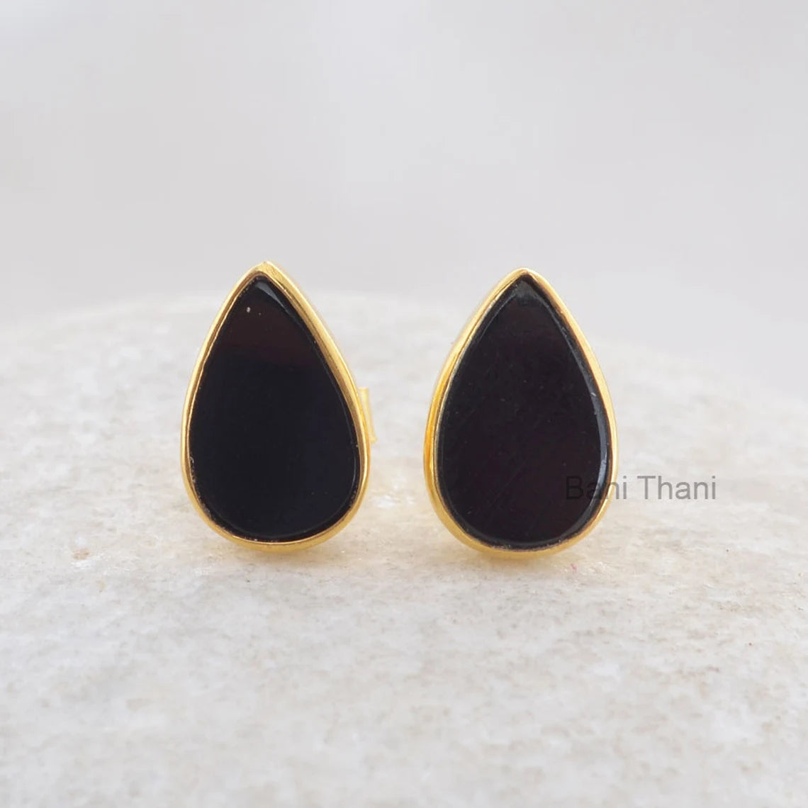 Black Onyx Stud Earrings - Handcrafted Studs - Pure Silver - 7x11m Flat Pear - Artisan Jewelry - Jewelry For New Mom - Gift For Bride