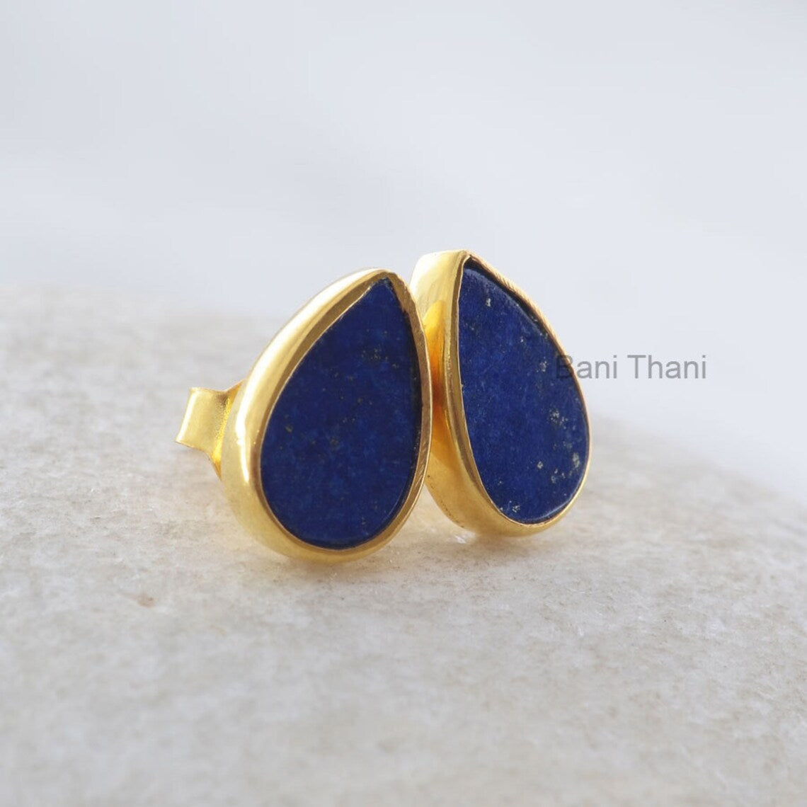 Natural Blue Lapis Pear 7x11mm Flat Stud Micron Gold Plated 925 Sterling Silver Earring Jewelry, Stud Earring Gift For Women Valentines Day