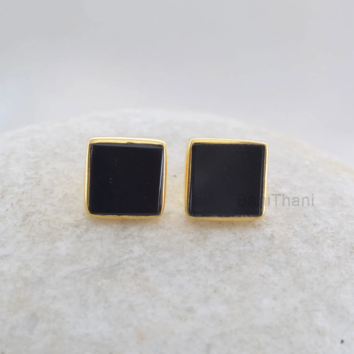 Black Onyx Stud Earrings - Gemstone Studs - Sterling Silver - 9mm Flat Square - Elegant Jewelry - Jewelry For Lover - Gift For Student