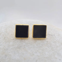 Black Onyx Stud Earrings - Gemstone Studs - Sterling Silver - 9mm Flat Square - Elegant Jewelry - Jewelry For Lover - Gift For Student