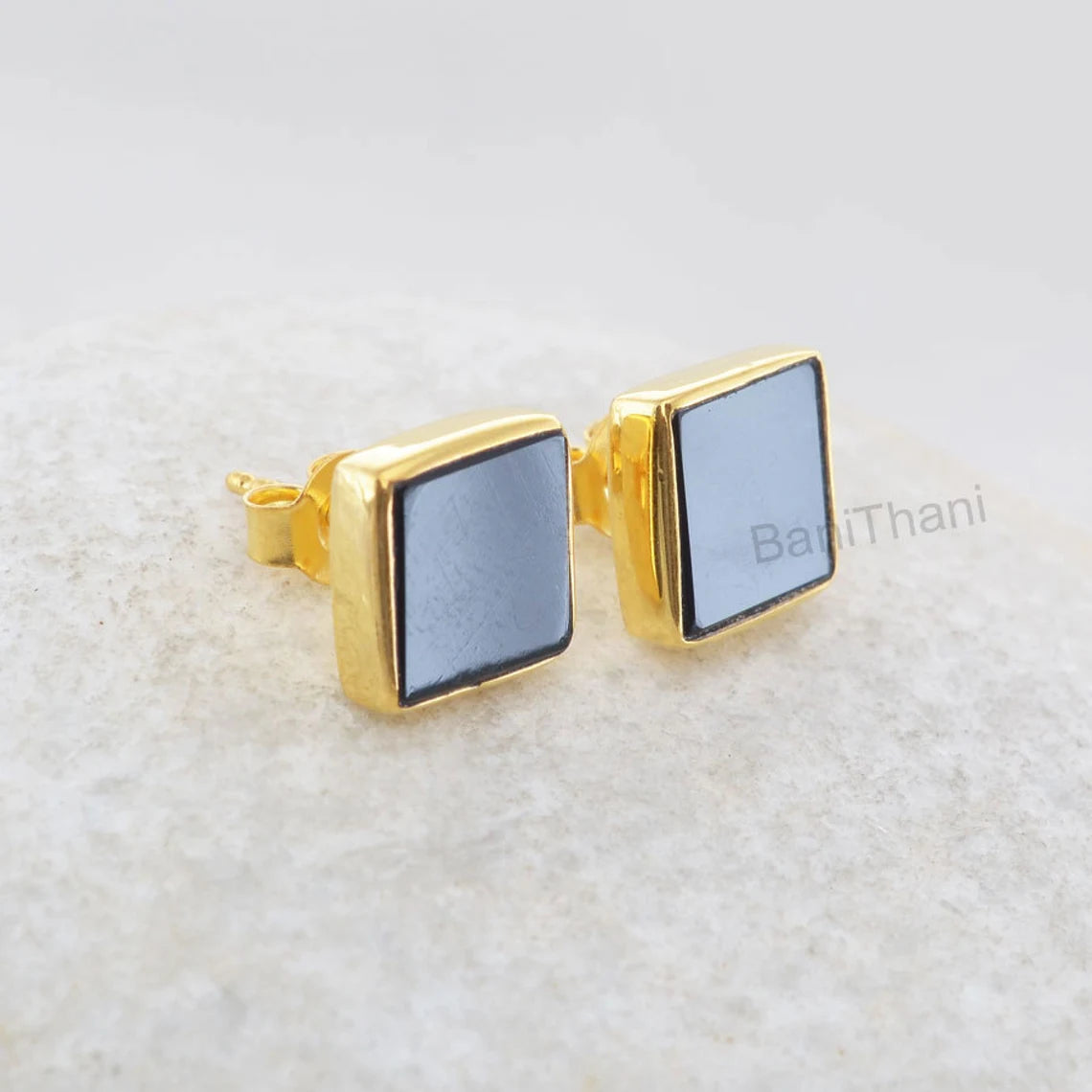 Black Onyx Stud Earrings - Gemstone Studs - Sterling Silver - 9mm Flat Square - Elegant Jewelry - Jewelry For Lover - Gift For Student