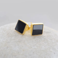 Black Onyx Stud Earrings - Gemstone Studs - Sterling Silver - 9mm Flat Square - Elegant Jewelry - Jewelry For Lover - Gift For Student