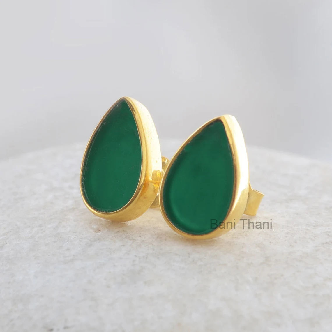 Chrysoprase Chalcedony Pear Flat Stud Earrings-Gold Plated 925 Sterling Silver Stud Earring Jewelry-Christmas Gift-Anniversary Gift Earrings