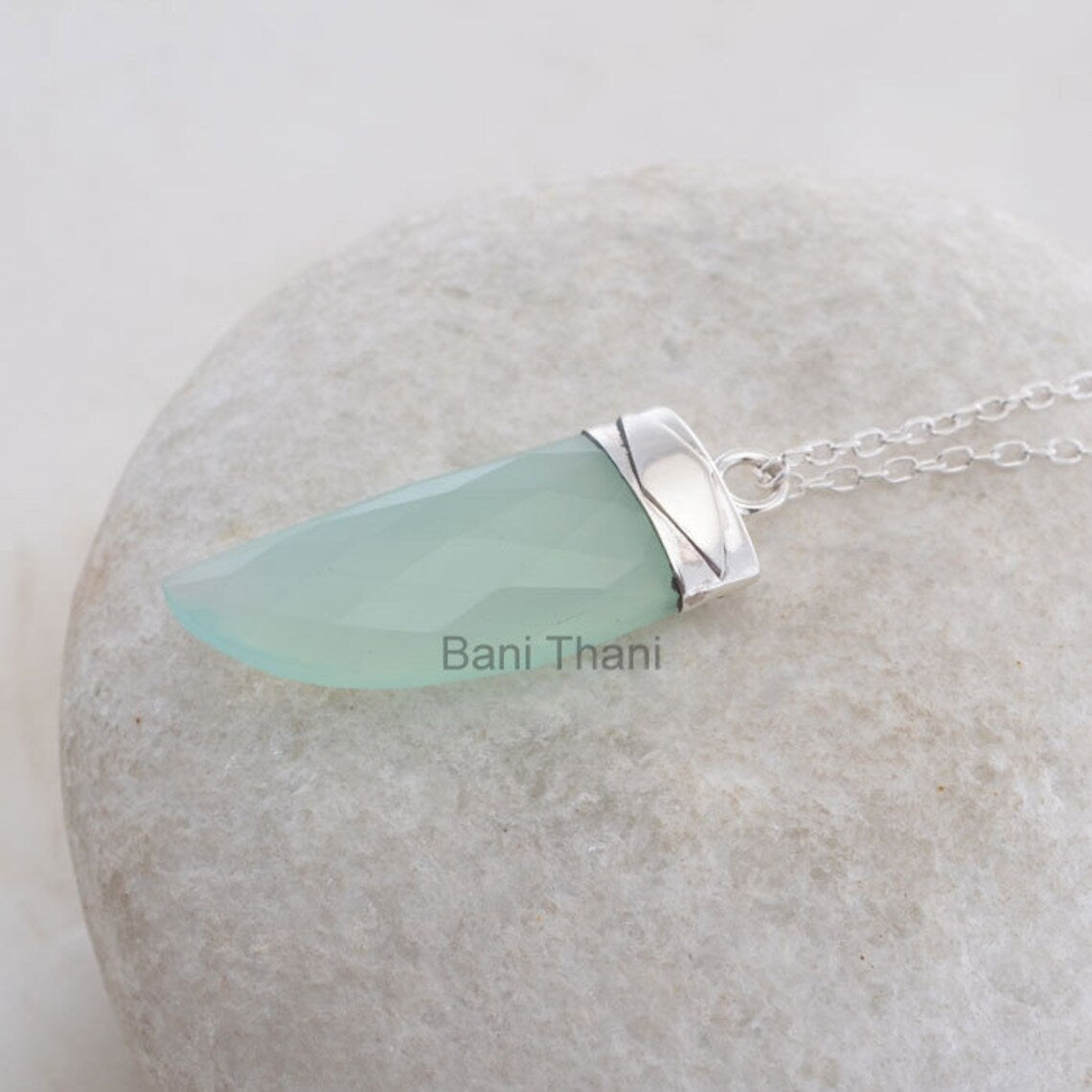 Aqua Chalcedony Necklace-Aqua Chalcedony 12x30mm Tusk Shape Gemstone Pendant Necklace-925 Sterling Silver Necklace-Christmas Gift Necklace